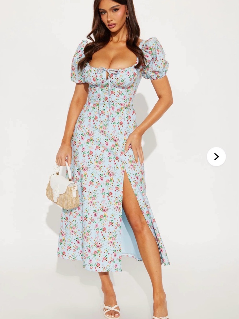 Fashion Nova Light Blue Floral Puff-Sleeve Midi Dress